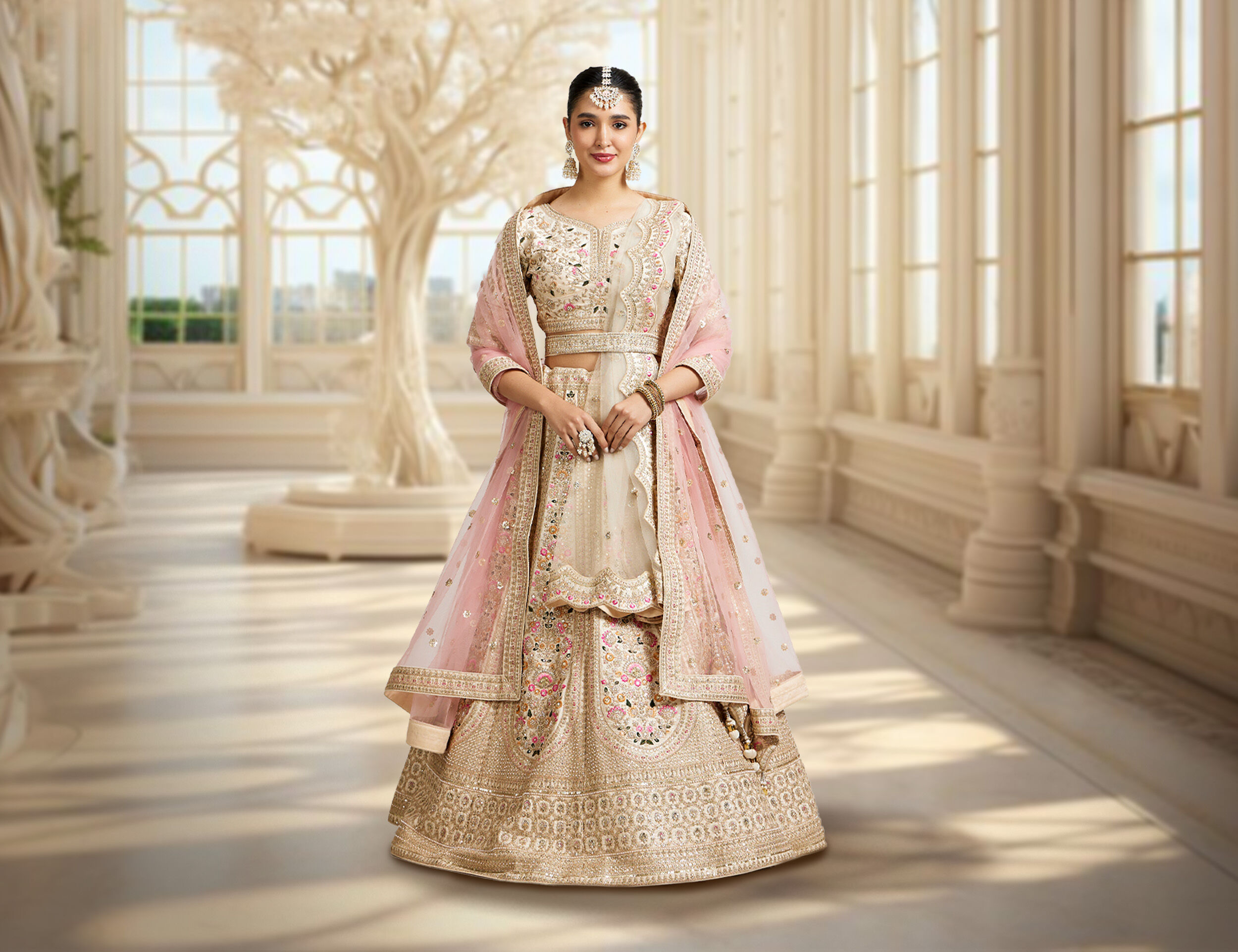 A bride wearing a white embroidered bridal lehenga